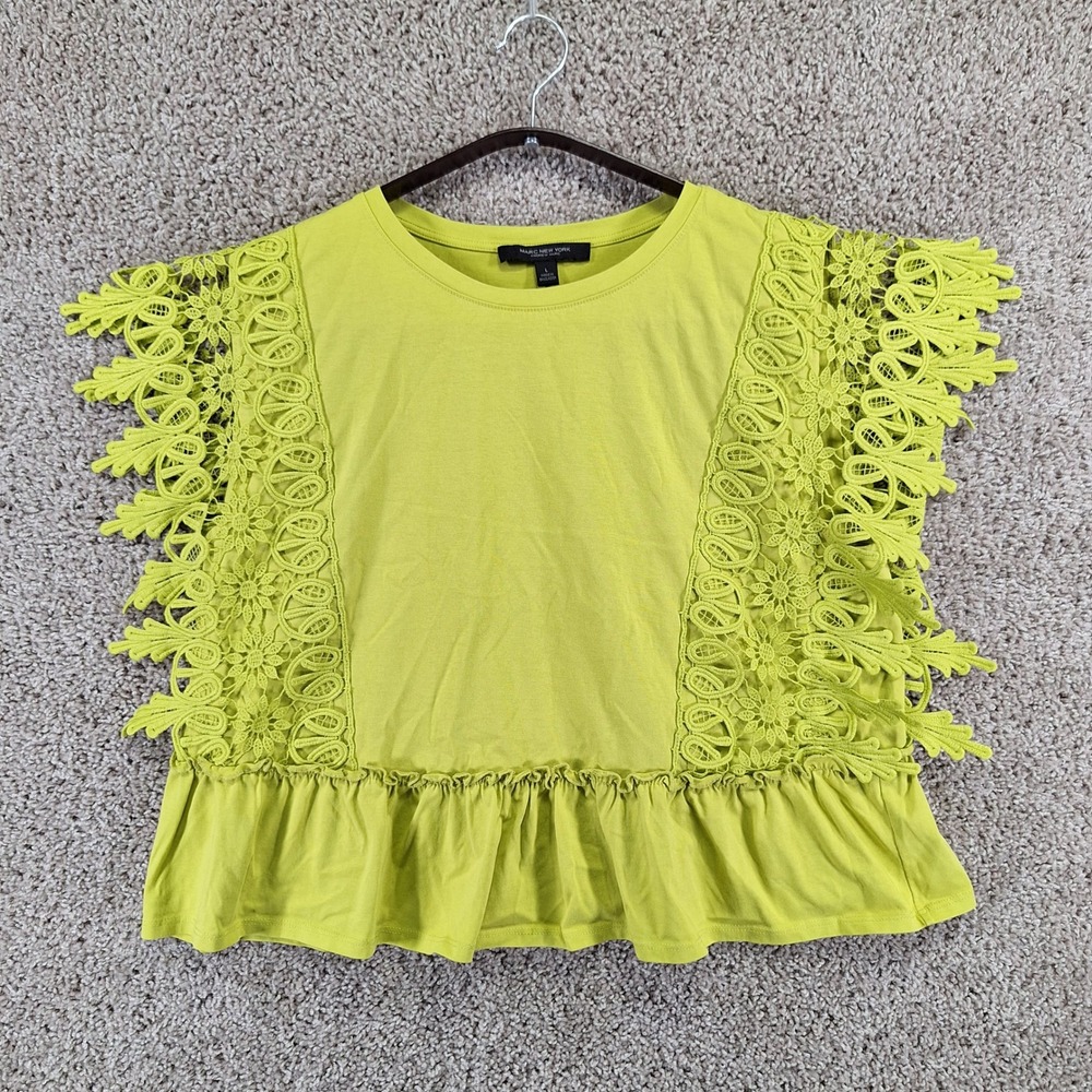 Marc New York Top Womens L Lime Green Lace Trim Peplum Tee Streetwear Boho